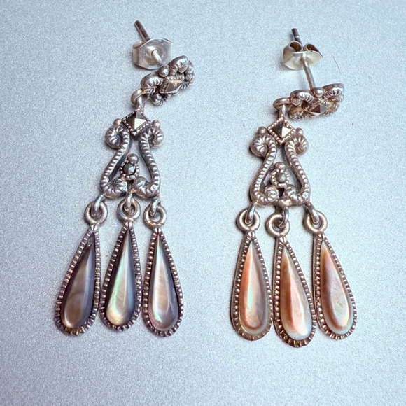 Jewelry - Marcasite Abalone Sterling Silver 925 Trident Chandelier Dangle Earrings Vintage